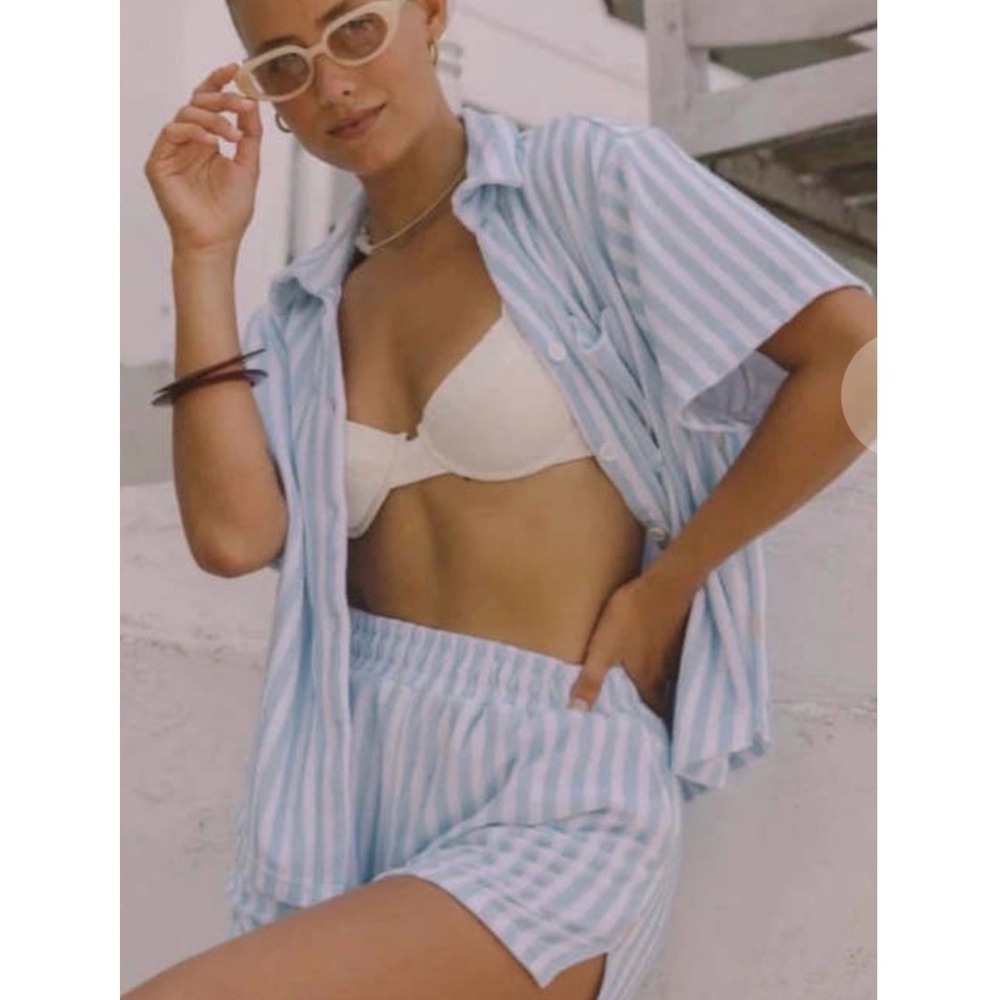Araminta James Terry Cloth Stripe Button Down Shirt Blue White Women Large